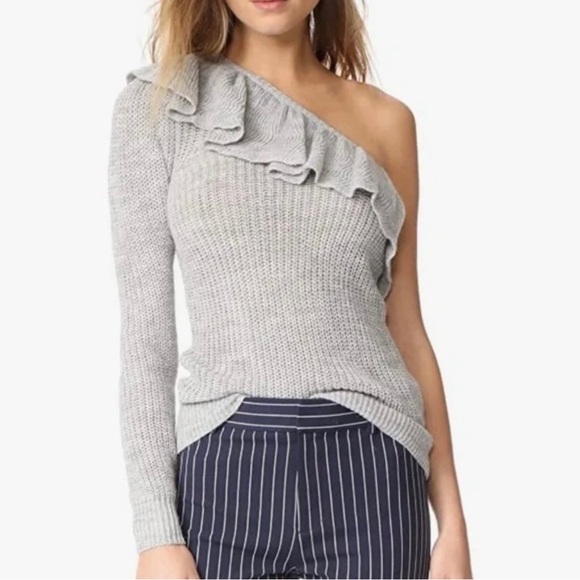 REBECCA TAYLOR One Shoulder Alpaca Wool Ruffle Knit Pullover Sweater Grey Large - Picture 2 of 7
